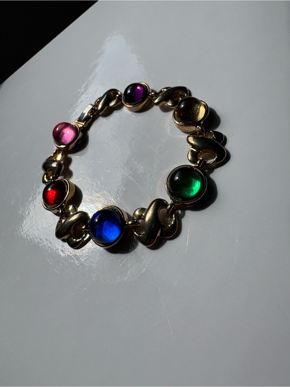 Vintage Gold Jewel Tone Cabochon Bracelet Loop Chainlink Gripoix Mogul Gemstones